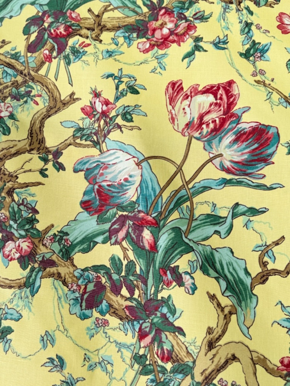 15.5 yds Vintage Greeff Schumacher Fabric Pink Green Tulips on Yellow Upholsery